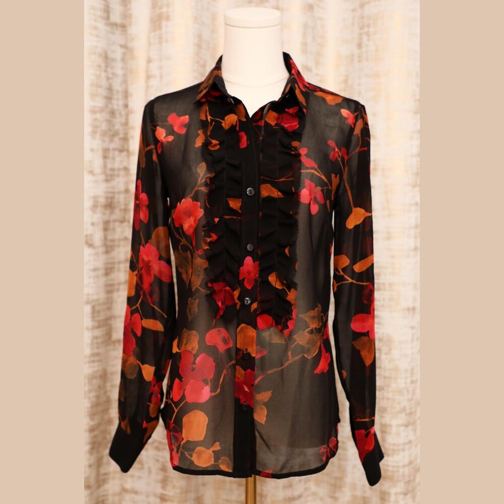 CAbi Sheer Black and Red Floral Blouse Size XS (NWOT)